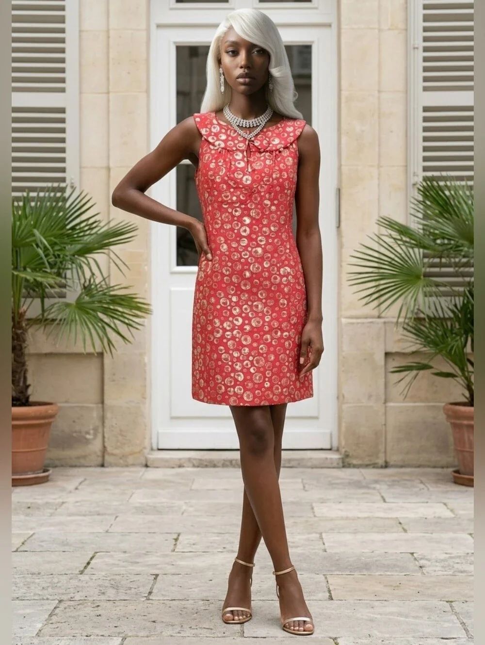 🔹️Anthropologie BB Dakota Red & Metallic Gold High Neck Sleeveless Dress Small